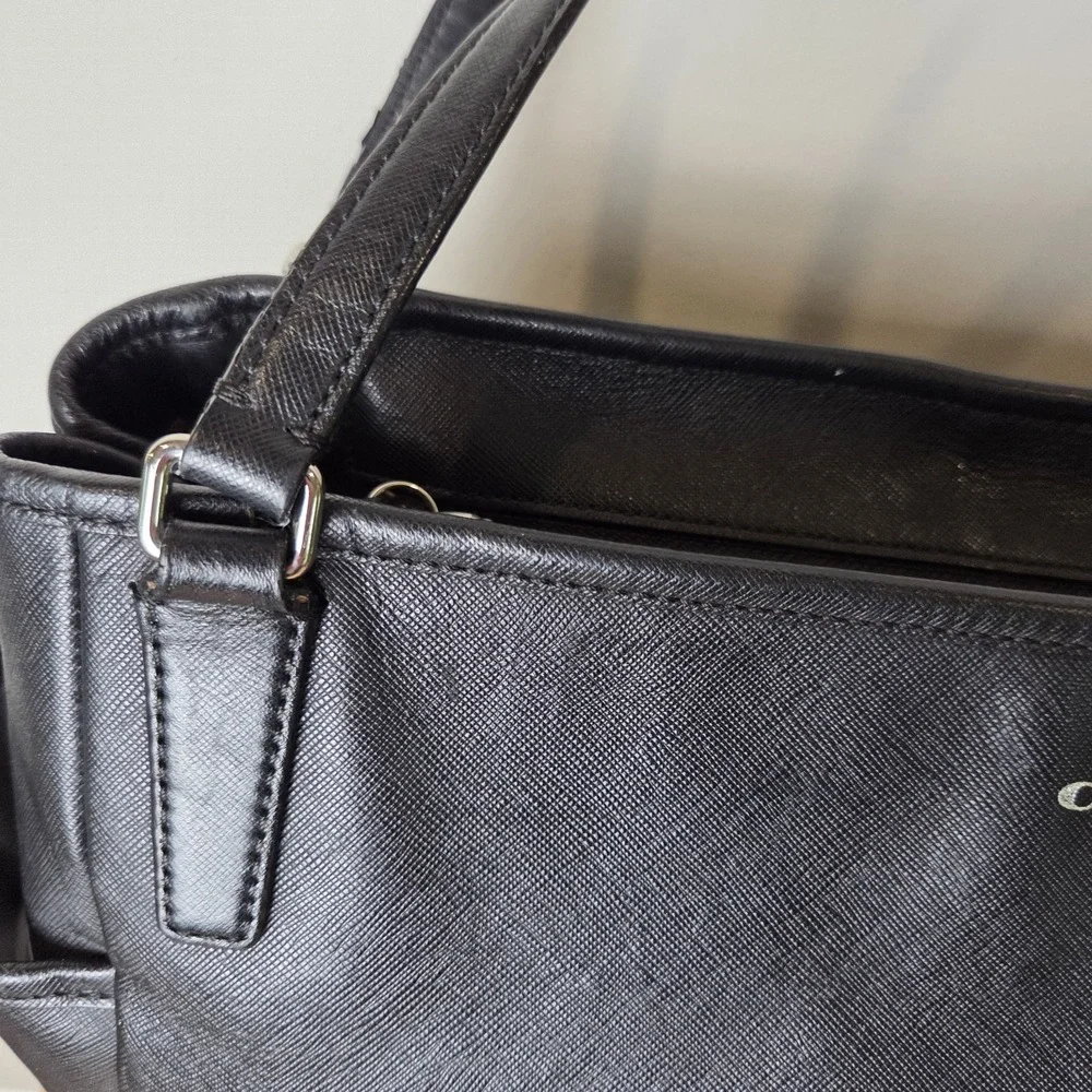 Coach Black Saffiano Leather Tote Shoulder Bag Silver Hardware Multi Pocket...